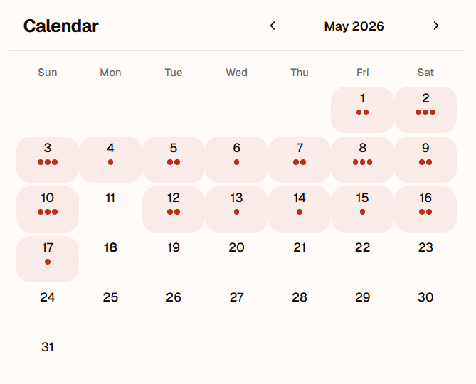 PepperList calendar view showing a monthly dining history timeline